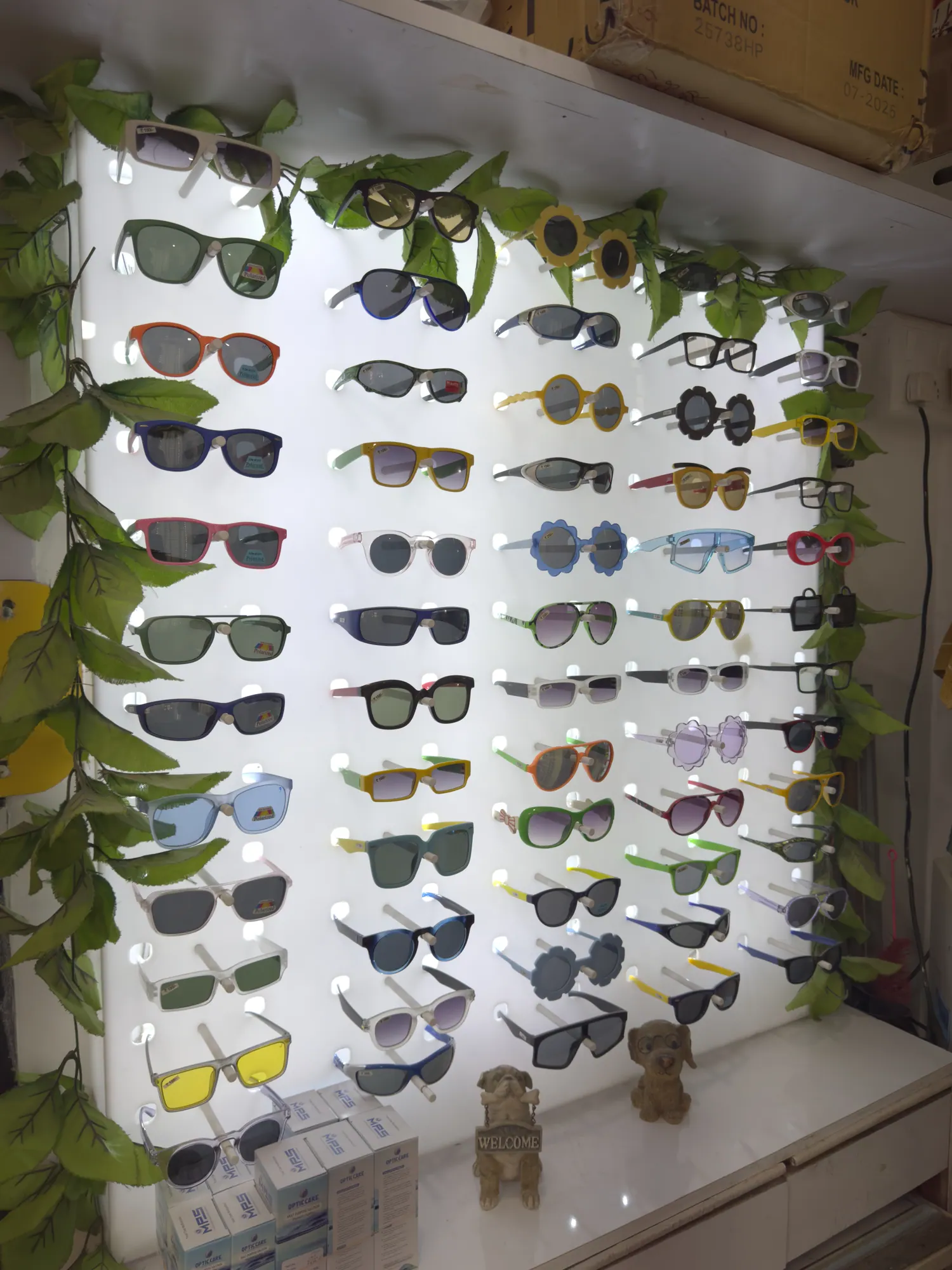 The sunglasses display wall at Ami Optics